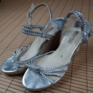 Michael Kors women's platform espadrille braided silver buckle straps. 4" wedge